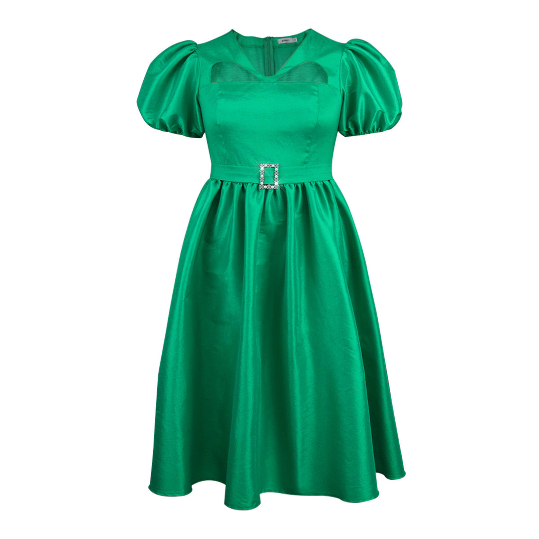 Damen Elegantes Midikleid mit Puffärmeln und diamantbesetztem Gürtel Drune