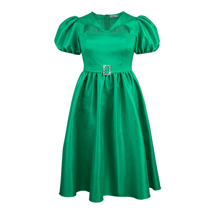 Damen Elegantes Midikleid mit Puffärmeln und diamantbesetztem Gürtel Drune