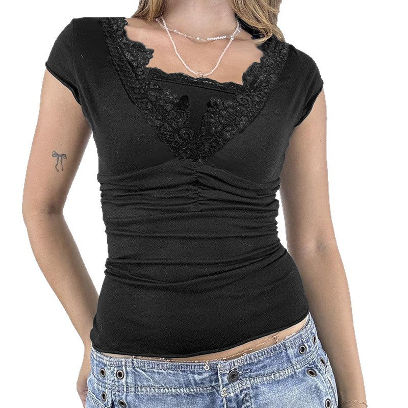 Damen elegantes Oberteil mit feinem Spitzenbesatz und Raffung Drune