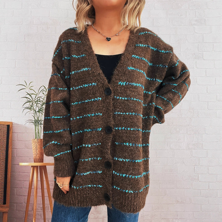 Damen gemütlicher Strickcardigan mit Streifenmuster und großen Knöpfen Drune
