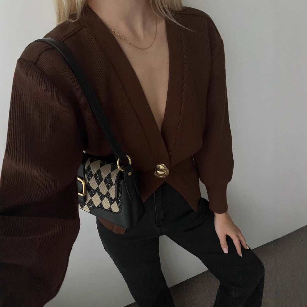 Damen modischer Strickcardigan mit tiefem V-Ausschnitt und dekorativem Knopf Drune