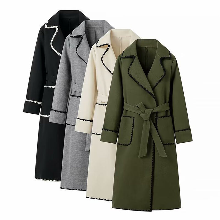 Damen eleganter Trenchcoat mit kontrastierender Bordüre und Taillengürtel Drune