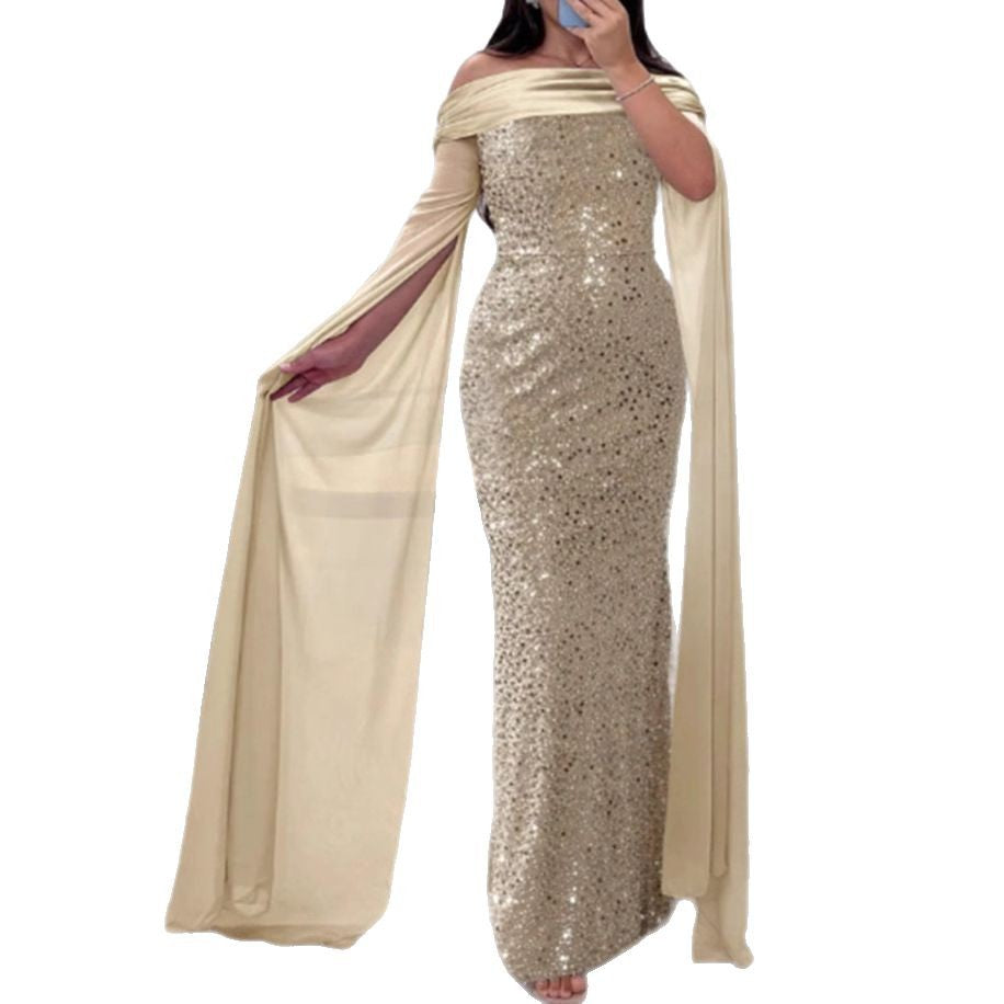 Damen Glitzerndes Abendkleid mit schulterfreiem Design und eleganten langen Ärmeln Drune