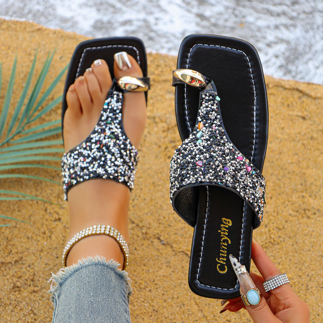 Damen Glitzernde Zehentrenner mit modischem Schmuckdetail und ergonomischer Sohle Drune