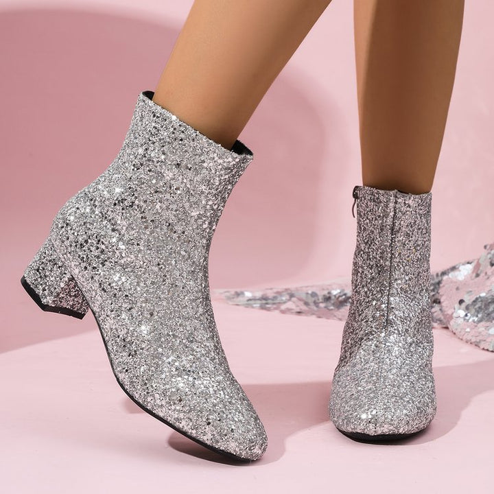 Damen glitzernde Stiefeletten mit kurzem Blockabsatz und seitlichem Reißverschluss Drune