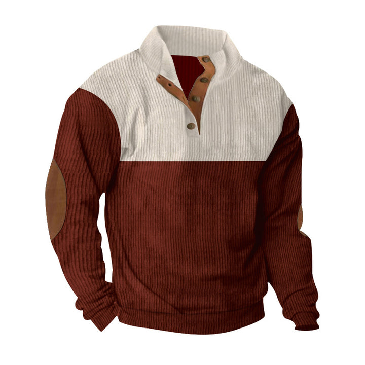 Herren nan lässiger Strickpullover mit Knopfleiste, Stehkragen und Ellenbogenpatches Drune