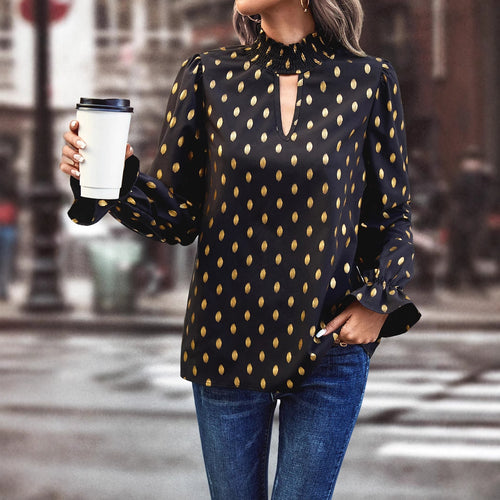Damen elegante Bluse mit modischem Halsausschnitt und goldenen Akzenten Drune