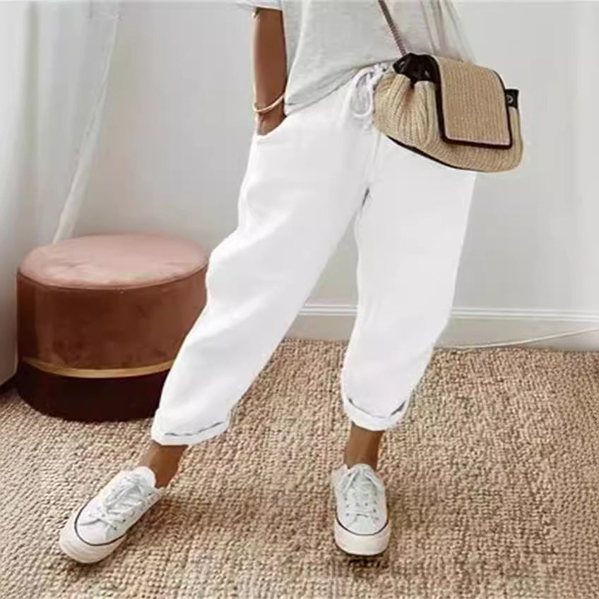 Damen nan legerer Leinen-Jogger mit Kordelzug, Eingrifftaschen und umgeschlagenem Saum Drune