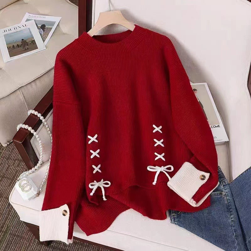Damen lässiger Strickpullover mit dekorativen Schleifen und Knopfdetails Drune
