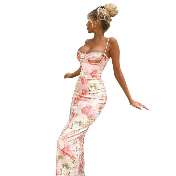 Damen Langärmeliges Satin Maxikleid mit floralen Rüschen Drune