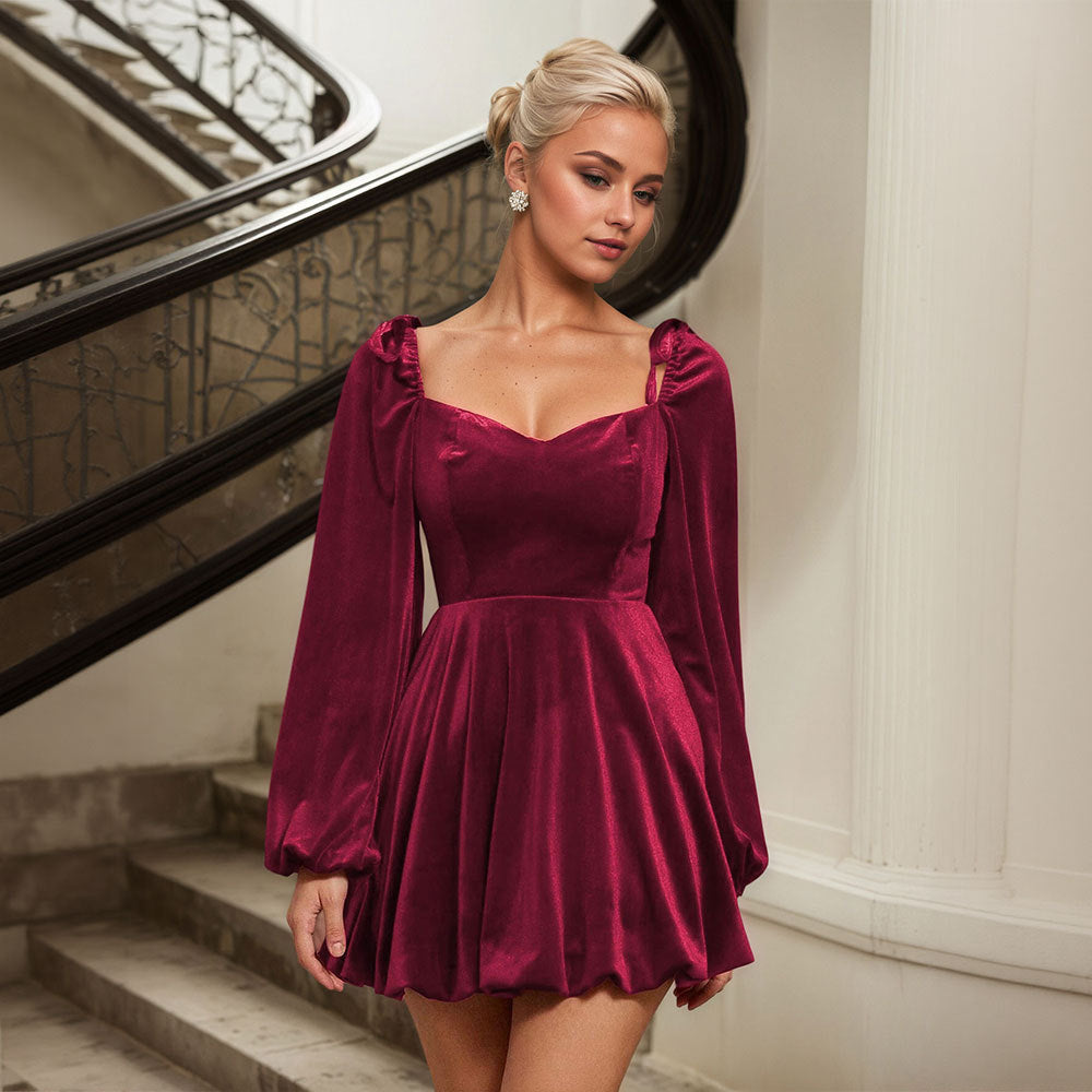 Damen Samt Minikleid mit Rüschenärmel und elegantem Herz-Ausschnitt Drune