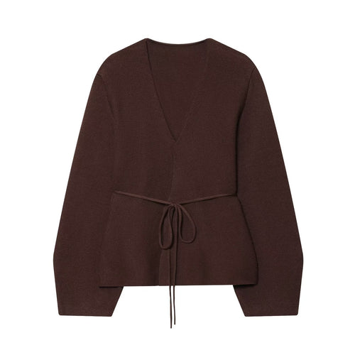 Damen elegante Strickjacke mit tailliertem Schnitt und Bindegürtel Drune