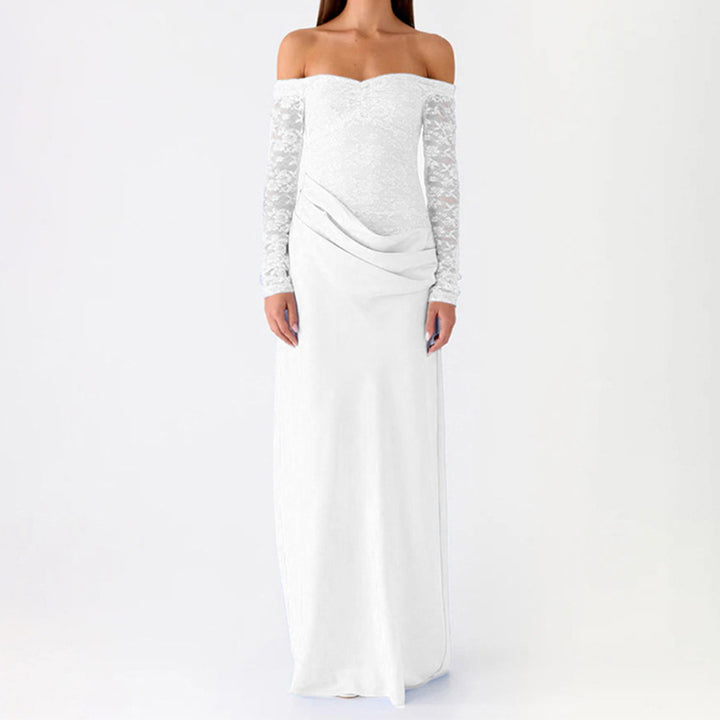 Damen Elegantes Hochzeitskleid mit schulterfreiem Ausschnitt und Spitzenärmeln Drune