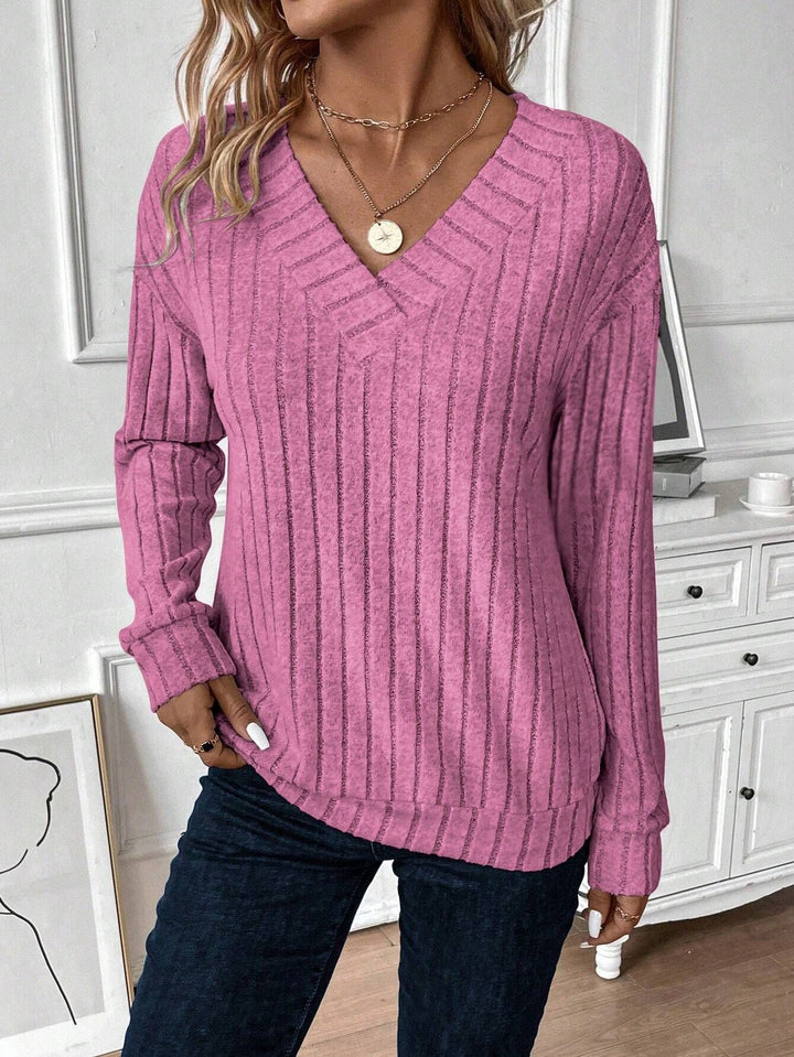 Damen lässiger Strickpullover mit V-Ausschnitt und Rippstruktur Drune