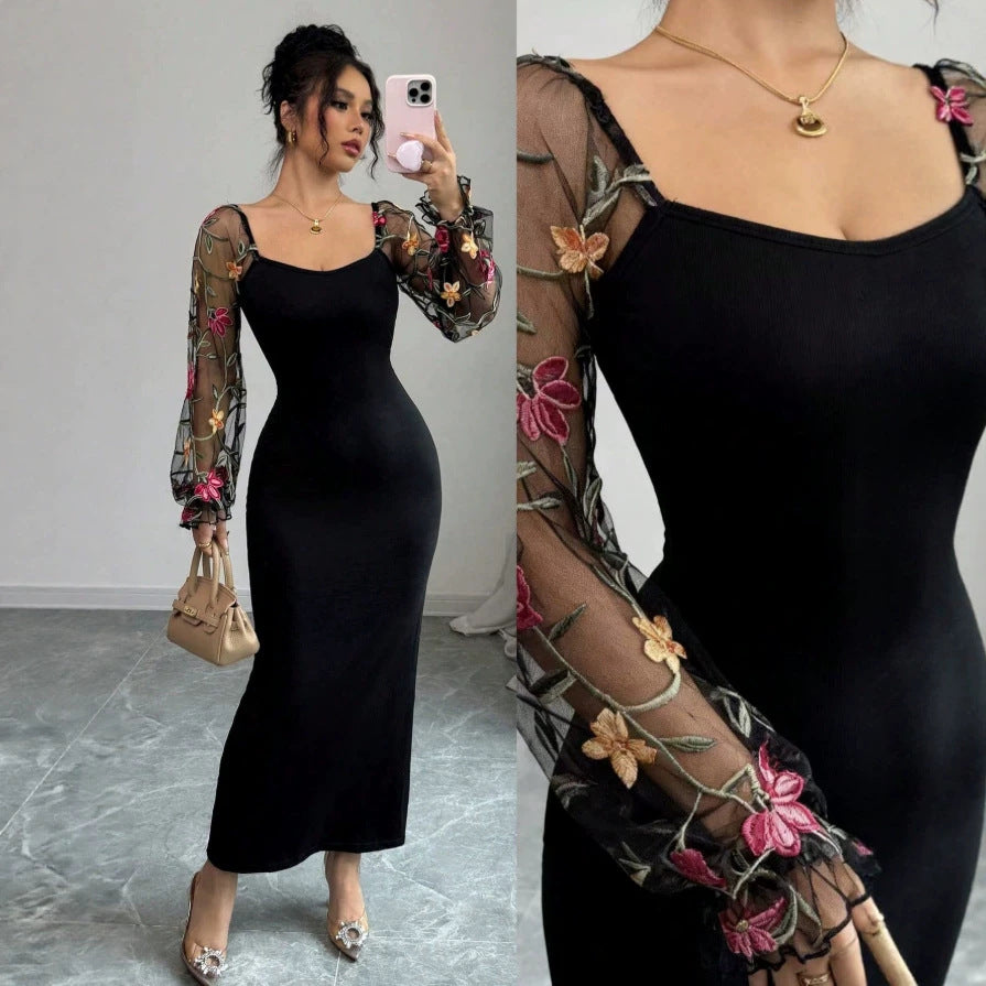 Damen Elegantes Maxikleid mit floralen Spitzenärmeln und figurbetontem Schnitt Drune