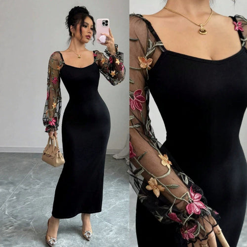 Damen Elegantes Maxikleid mit floralen Spitzenärmeln und figurbetontem Schnitt Drune