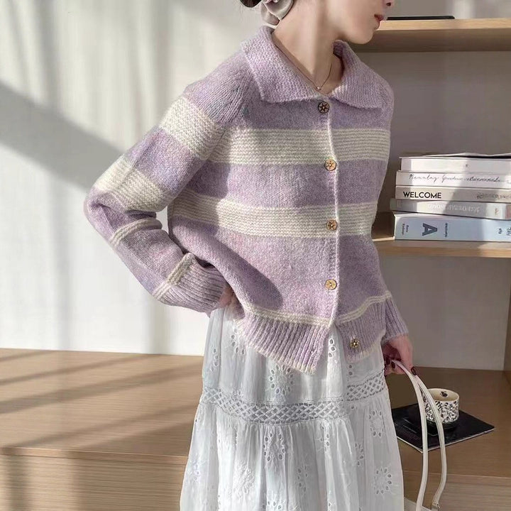 Damen Modischer Strickcardigan mit eleganten Streifen und Holzknöpfen Drune