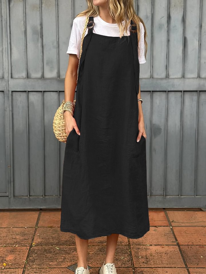 Damen Lässiges Leinenkleid mit praktischen Trägerdetails und großen Taschen Drune