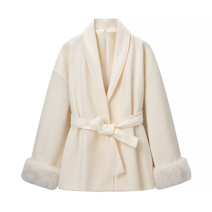 Damen Modische Jacke mit weich gefüttertem Kragen und Bindegürtel Drune