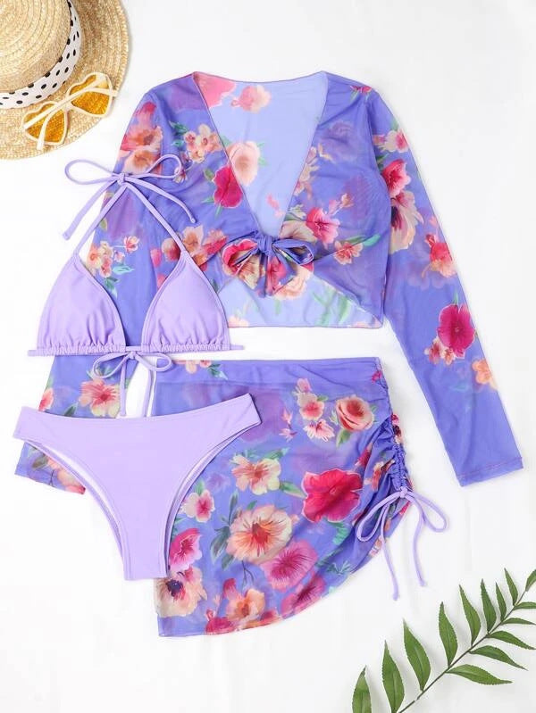 Damen Elegantes Badeoberteil mit floralem Design und Krawattenverschluss Drune