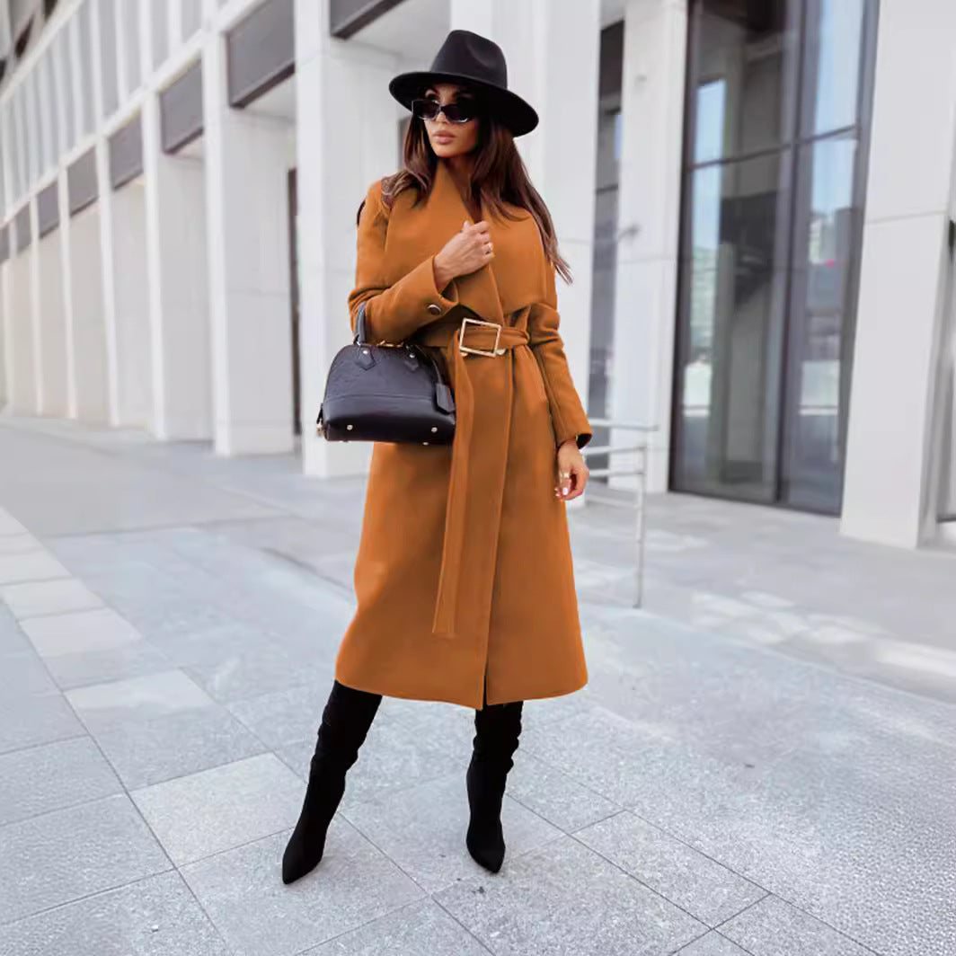 Damen eleganter Trenchcoat mit breitem Revers und taillierbarem Gürtel Drune