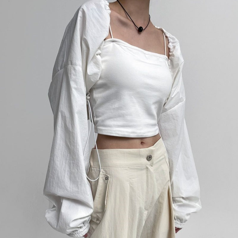 Damen cropped Langarmbluse mit Rüschen Drune