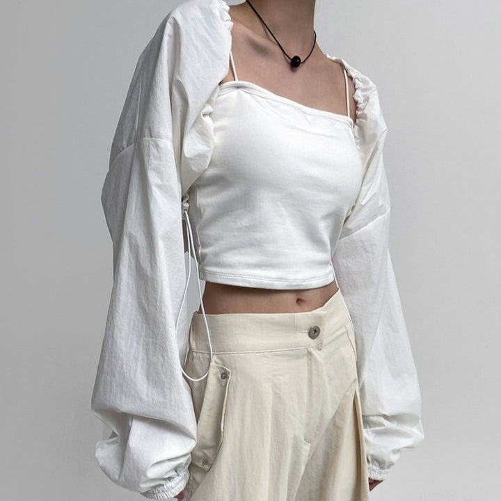 Damen cropped Langarmbluse mit Rüschen Drune