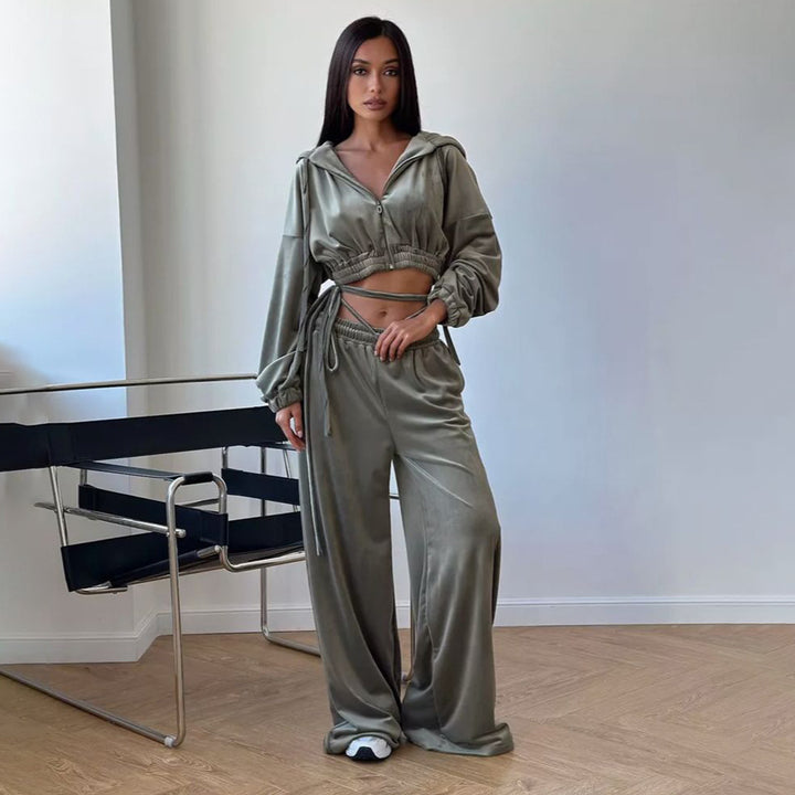 Damen Lässiges Sportanzug-Set mit Kapuzenoberteil und weitem Hosenstil Drune