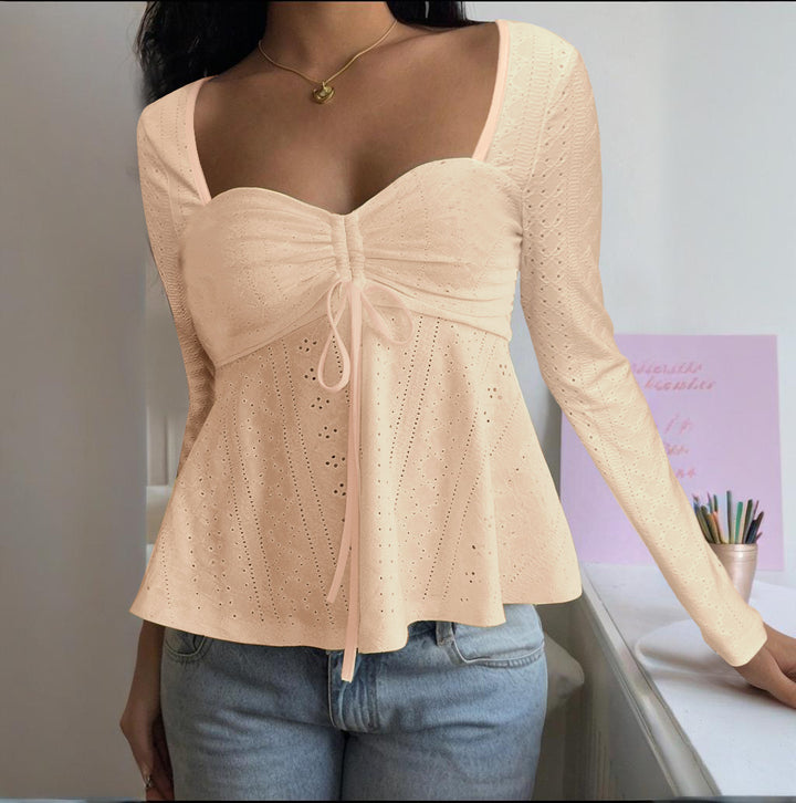 Damen Rüschenshirt mit tiefem Herz-Ausschnitt und verspieltem eleganten Design Drune