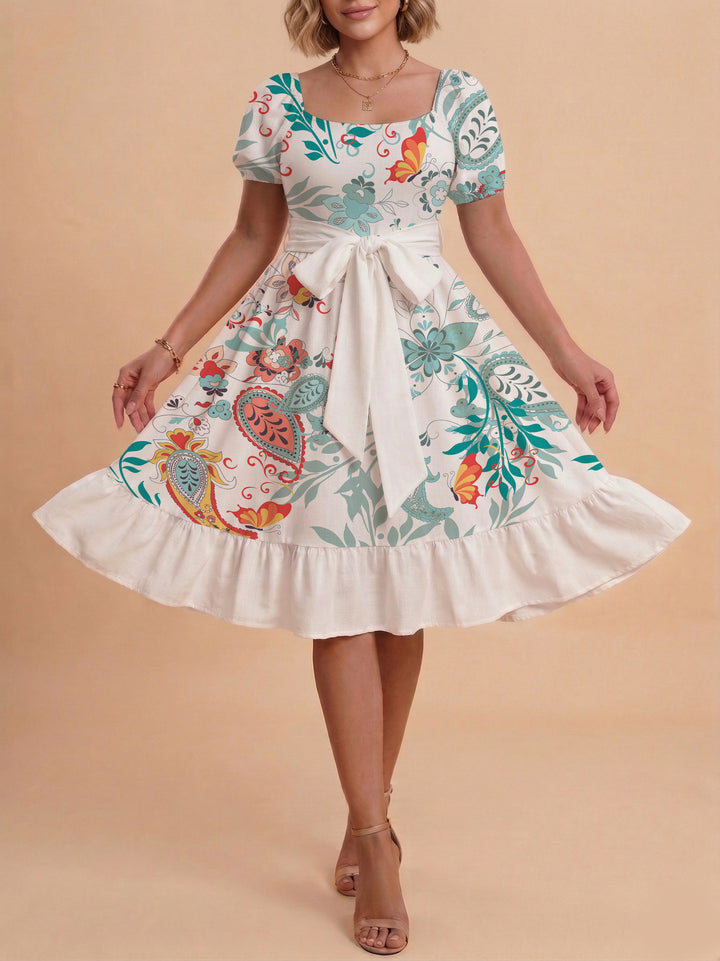 Damen elegantes Maxikleid mit floralem Design und Taillengürtel Drune