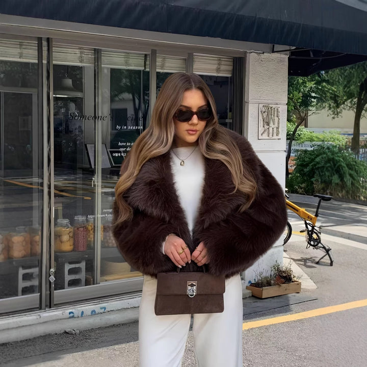 Damen Luxuriöse Kunstpelzjacke mit voluminösen Ärmeln und elegantem Schnitt Drune
