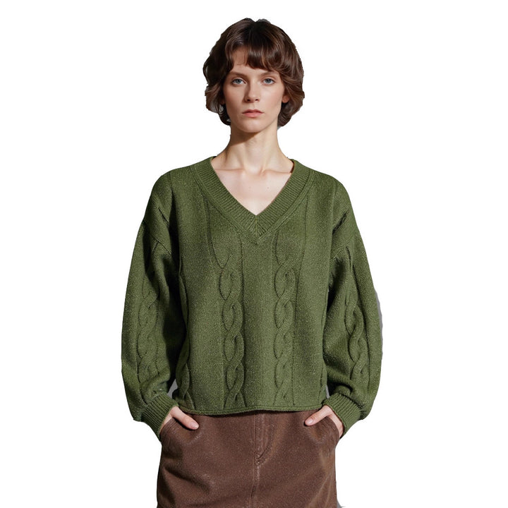 Damen Grobstrickpullover mit V-Ausschnitt und modernen Details Drune