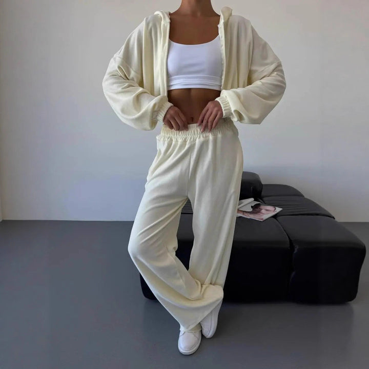 Damen Lässiges Freizeit-Set mit pulloverartigen Jacke und weitem Bund Drune