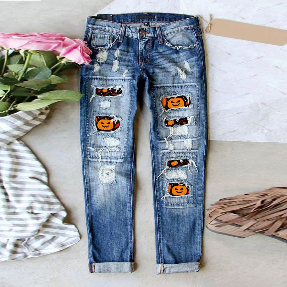 Damen Jeans im kreativen Design mit Spooky-Motiven und lässigem Fit Drune