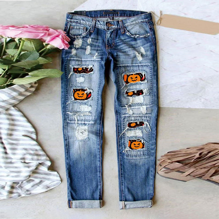 Damen Jeans im kreativen Design mit Spooky-Motiven und lässigem Fit Drune