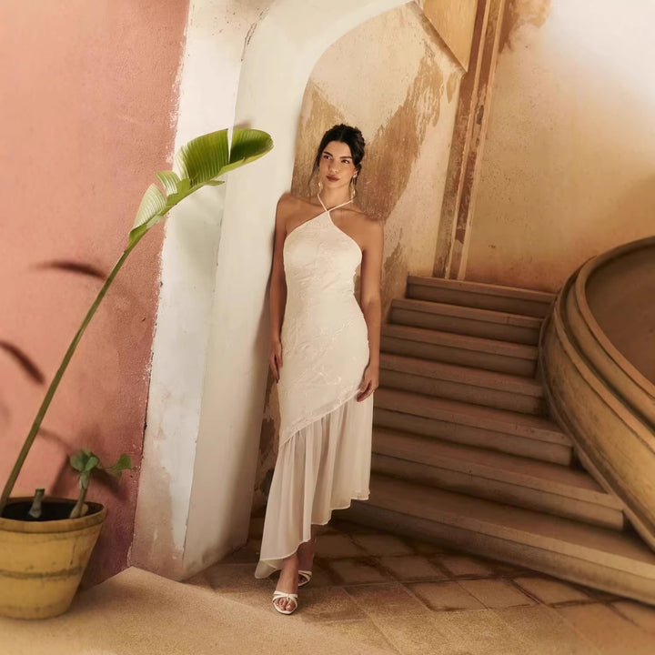 Damen Asymmetrisches Hochzeitskleid mit eleganter Spitze Drune
