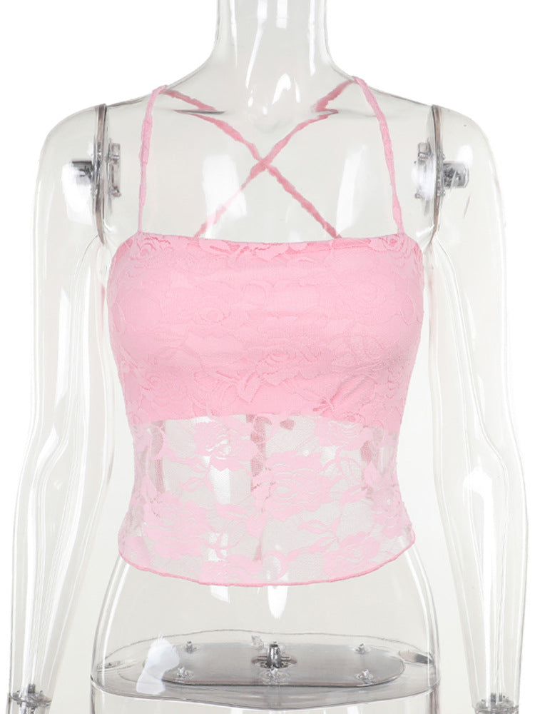 Damen Spitzen-Crop-Top mit verstellbaren Spaghetti-Trägern und floralem Muster Drune