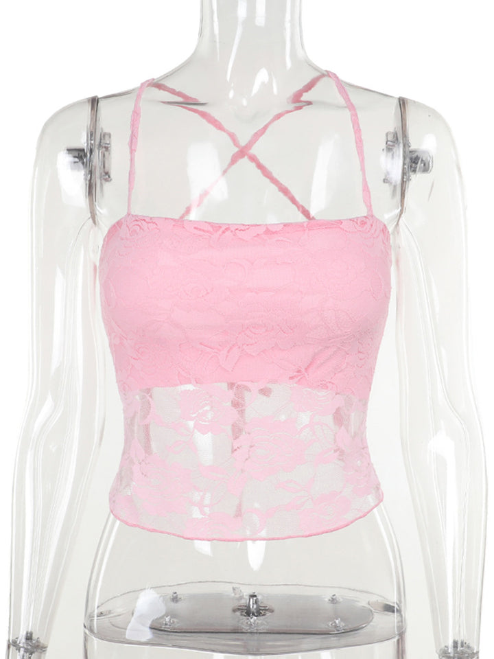 Damen Spitzen-Crop-Top mit verstellbaren Spaghetti-Trägern und floralem Muster Drune