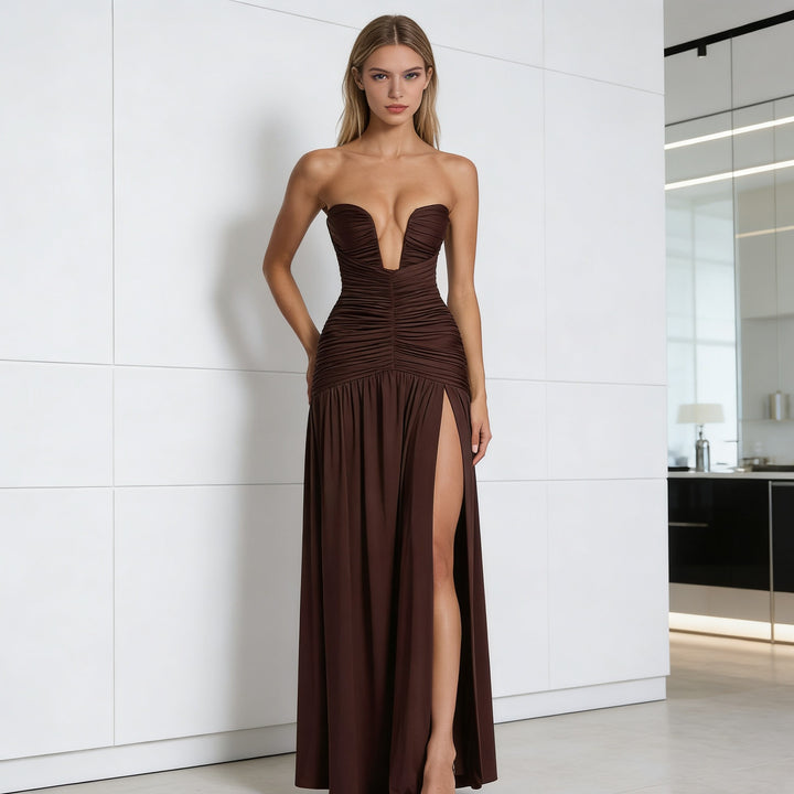 Damen Elegantes Maxikleid mit tiefem V-Ausschnitt und raffinierten Drapierungen Drune