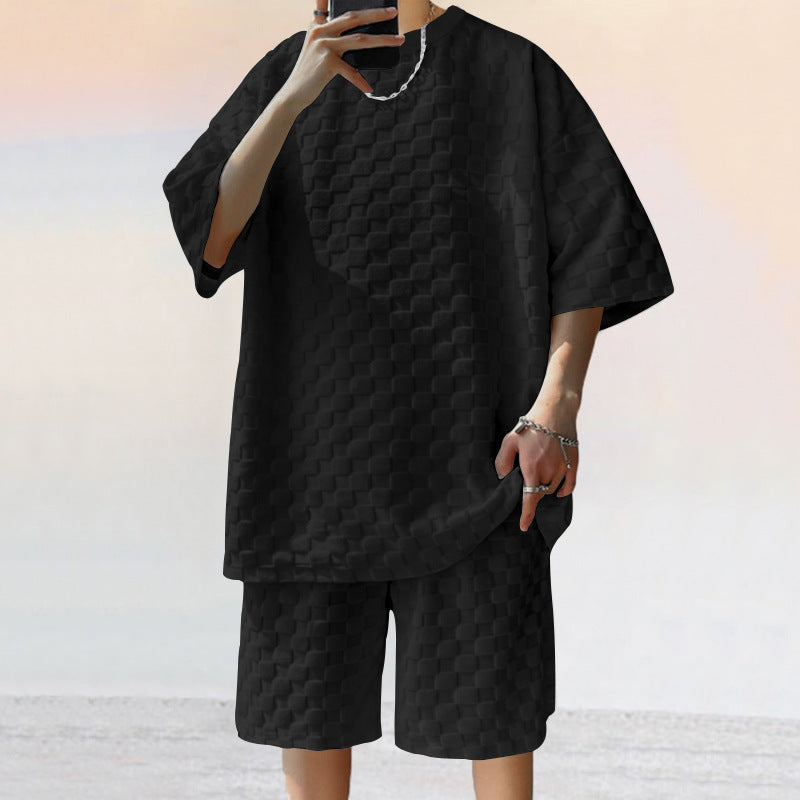Herren nan oversized Lounge-Set mit strukturierter Waffel-Karo-Optik, Kurzarmshirt und Bermuda-Shorts Drune