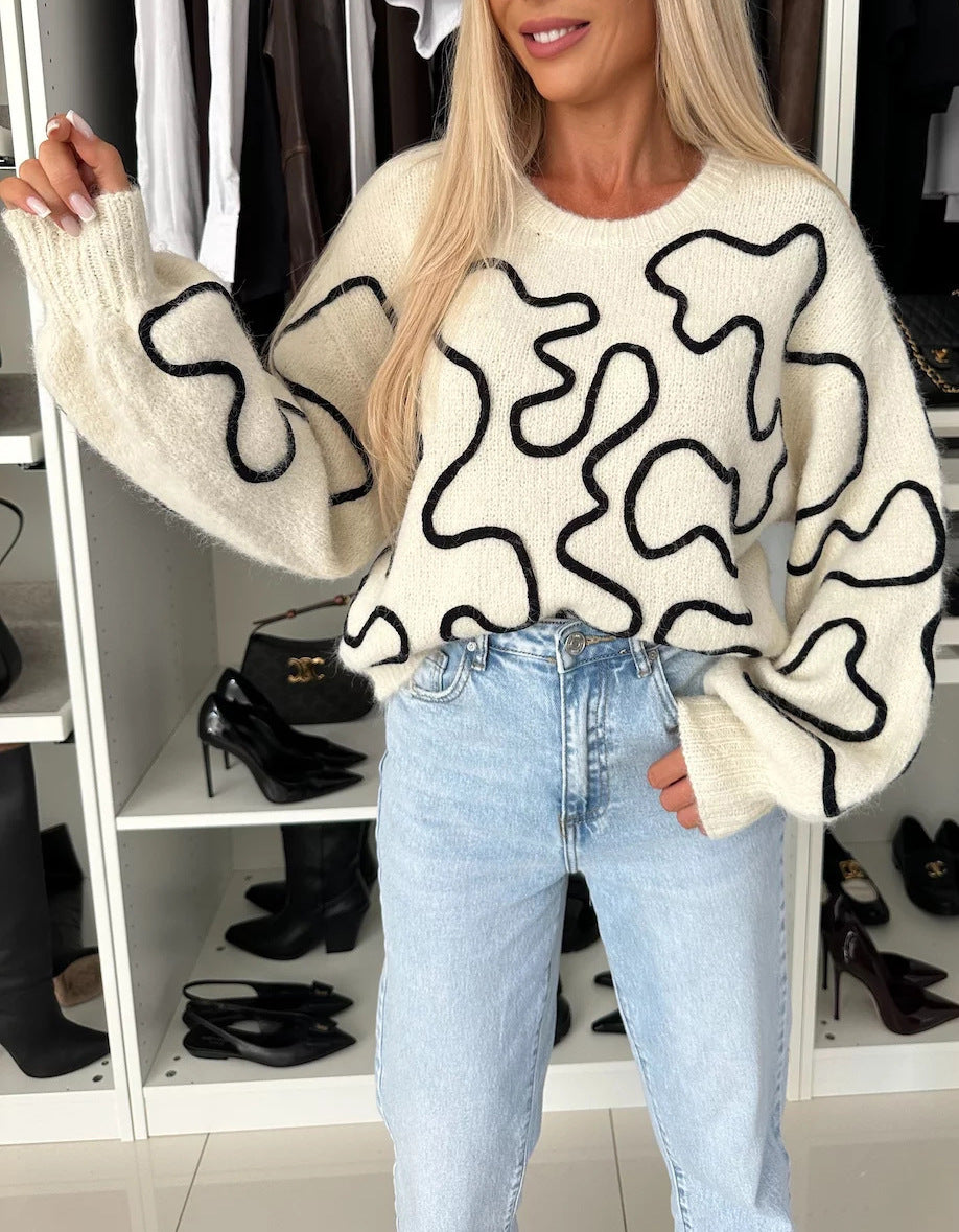 Damen gemütlicher Strickpullover mit künstlerischem Muster Drune