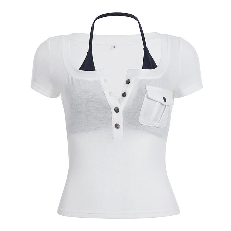Damen Kurzarmbluse mit angesagtem Henley-Design und praktischer Brusttasche Drune