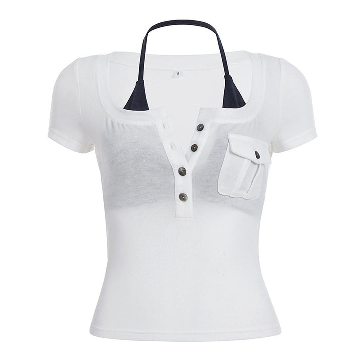 Damen Kurzarmbluse mit angesagtem Henley-Design und praktischer Brusttasche Drune