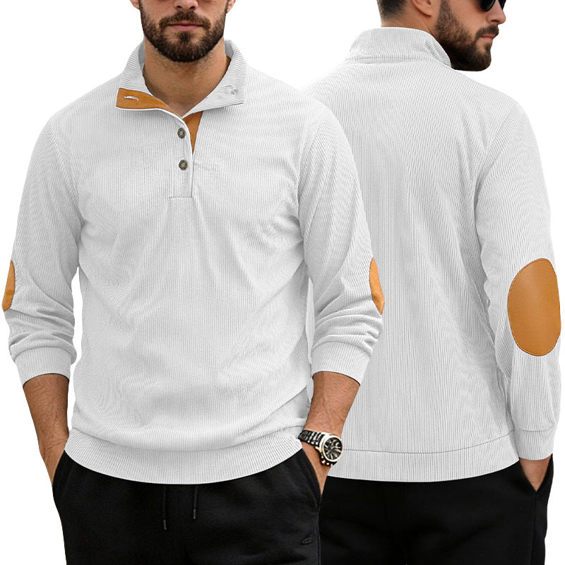Herren nan lässiger Strukturpullover mit Polokragen, kurzer Knopfleiste und veganen Lederbesätzen Drune