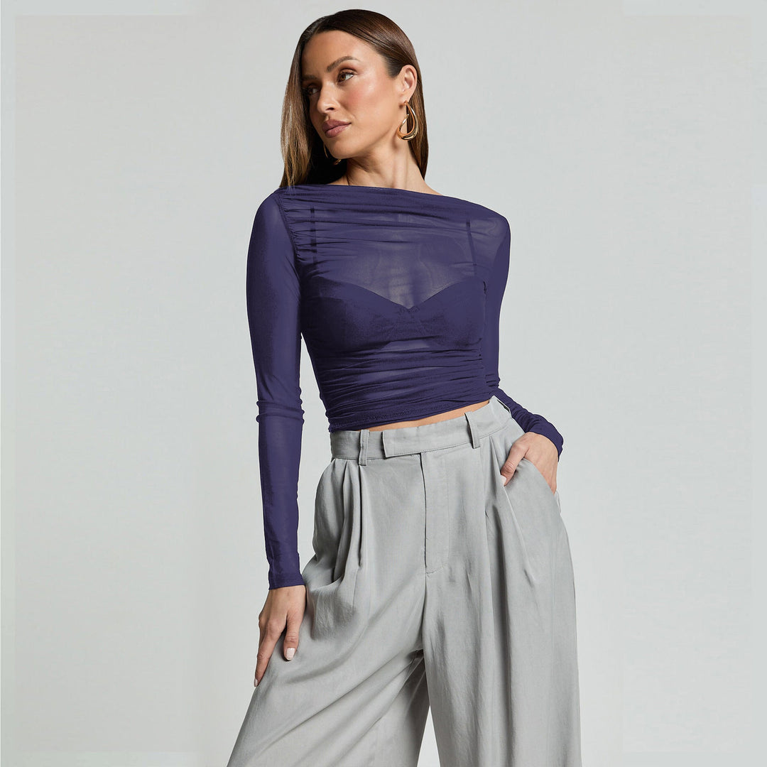 Damen Elegantes Langarmoberteil mit transparentem Mesh und Raffung Drune