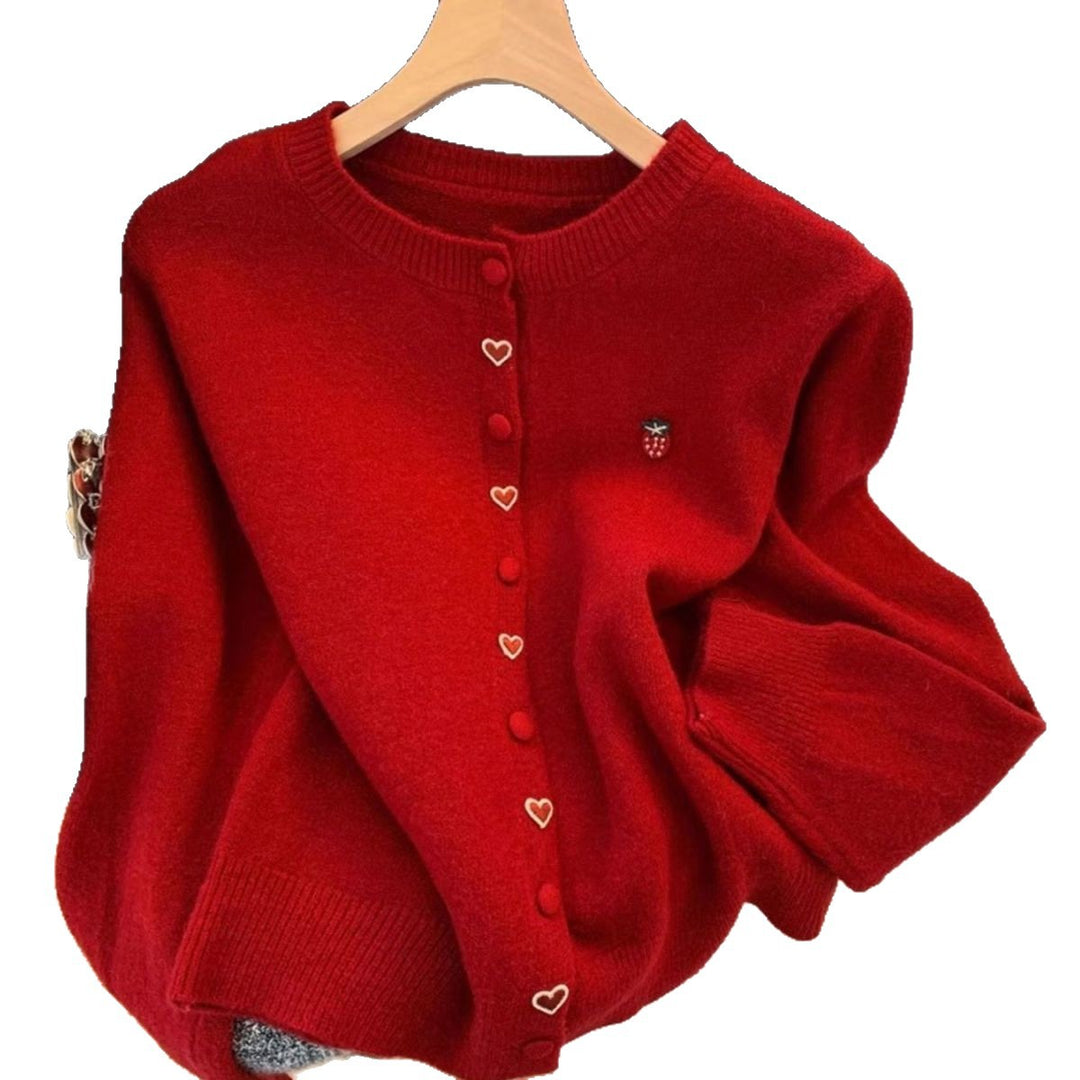 Damen kuschelige Strickjacke mit Herz- und Erdbeerenapplikationen Drune