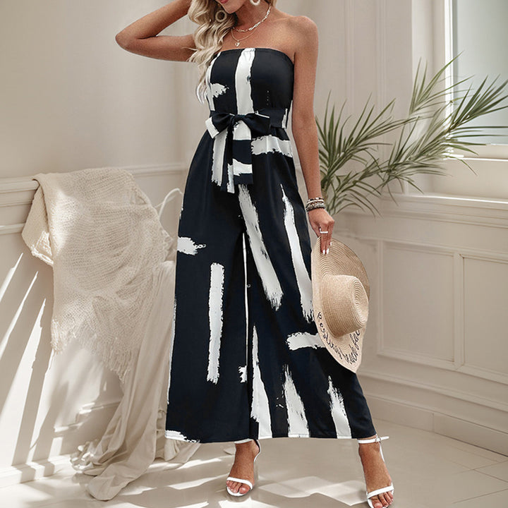 Damen schulterfreier Jumpsuit mit weitem Bein und modischem Bindegürtel Drune
