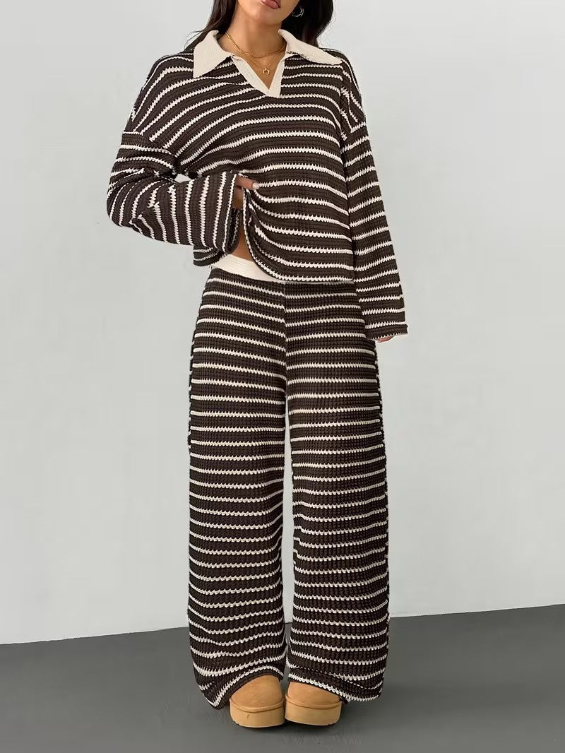 Damen lässiges Strick-Set mit breiten Streifen und samtigem Kragen Drune