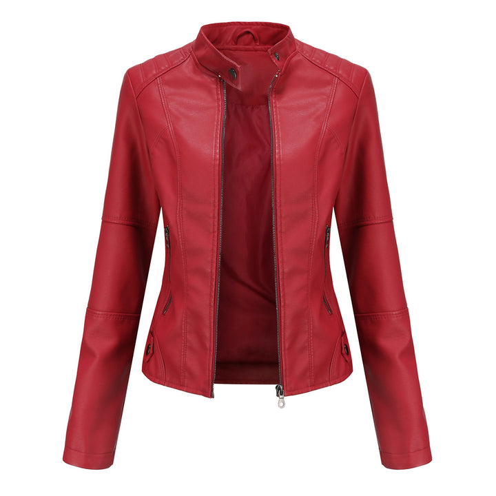Damen nan schlanke Kunstlederjacke im Bikerstil mit Stehkragen und formenden Abnähern Drune