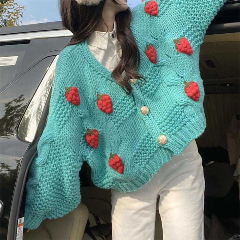 Damen Grober Strickcardigan mit Blumenstickerei und funkelnden Knöpfen Drune